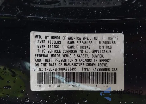 2017 Honda Accord Lx z USA, uszkodzony, nr VIN 1HGCR2F30HA222495